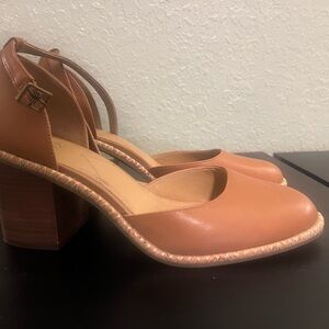 Chic Tan Leather Block Heel Women's Shoes